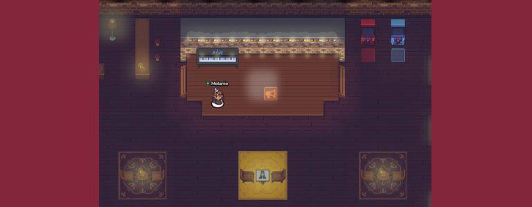 A moody pixel-art room, with several table and chairs on the bottom, a bar on the top left, two arcade machines on the top right, and a large stage in the centre. A small figure stands on the stage labeled "Melanie" in front of a piano.