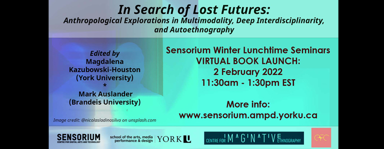 “In Search of Lost Futures” book launch on an abstract green and blue background with human figures. 2 Feb 2022 at 11:30am - event details in post.