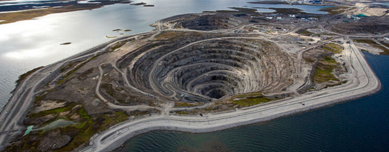 An aerial view of the A154 kimberlite and open-pit at the Diavik diamond mine in Northwest Territories.