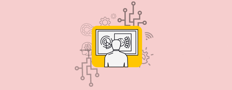 Illustration of person looking at computer on a yellow background with network and gear symbols.