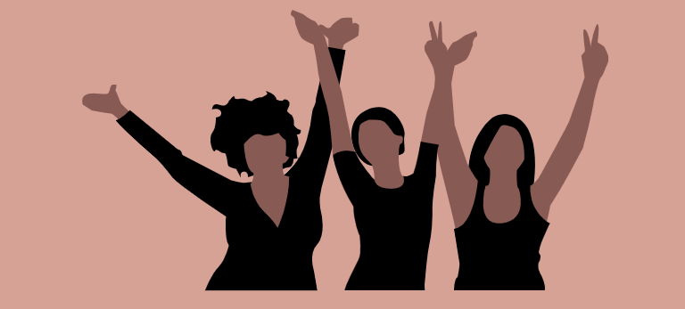 Illustration of three women of colour from the waist up raising their hands. From left to right they are wearing: a long-sleeved black top, a short-sleeved black top, and a sleeveless black top. All their hair is black, and from left to right their hair styles are: kinky and uncombed, short, and straightened and long. They are facing the viewer. The background is lightly shaded orange.