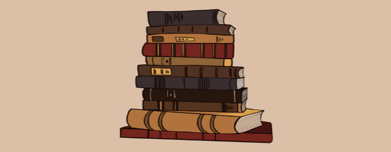 Drawing of a stack of eleven books, ascending from smallest to biggest, with a lightly shaded orange background.