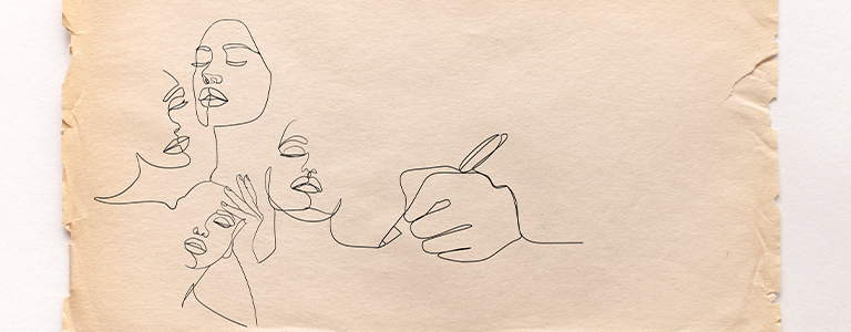 Avie Bennett event 2023 depicting drawing of a hand with a pen illustrating faces
