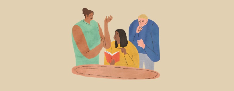 Three people sitting at a wooden table discussing a book against a light yellow background.
