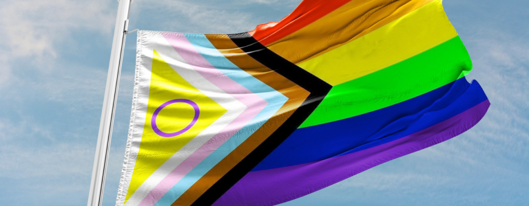 Pride flag blowing in the wind.