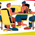 Animated picture of four people working at a shared desk