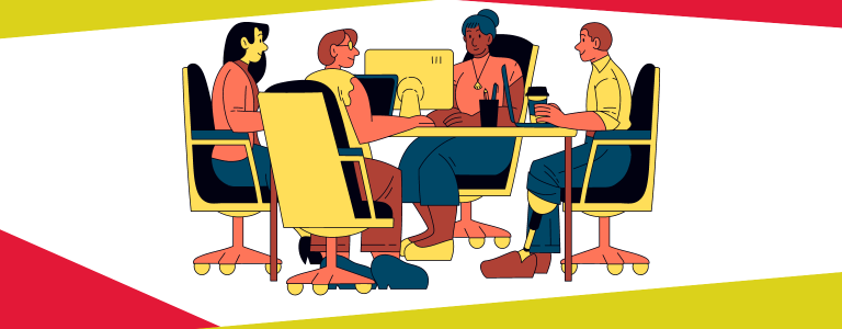 Animated picture of four people working at a shared desk