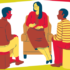 Animated picture of three people gathering and chatting