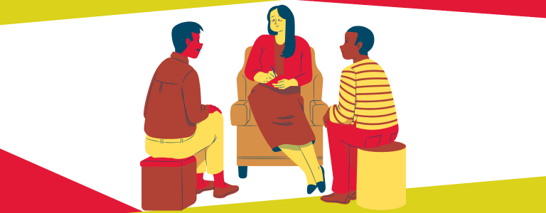 Animated picture of three people gathering and chatting