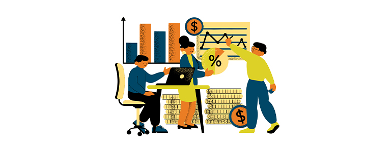 Three people discussing financial data with charts, coins, and a laptop.