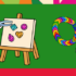 Cartoon sandwich and pizza characters participating in arts and crafts activities on a green background. The sandwich character stands beside an easel displaying colourful gem-shaped designs, while the pizza character sits next to a rainbow loom bracelet.