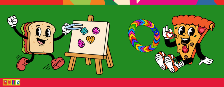 Cartoon sandwich and pizza characters participating in arts and crafts activities on a green background. The sandwich character stands beside an easel displaying colourful gem-shaped designs, while the pizza character sits next to a rainbow loom bracelet.