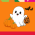 A wide orange banner featuring a cute cartoon white ghost, holding a pumpkin candy bucket alongside two small pumpkins and two flying bats.