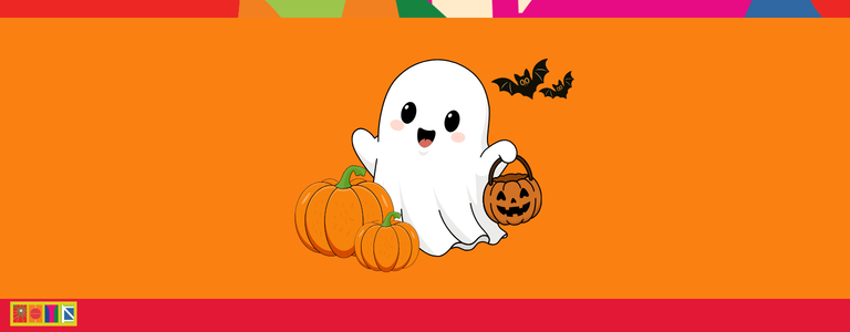A wide orange banner featuring a cute cartoon white ghost, holding a pumpkin candy bucket alongside two small pumpkins and two flying bats.