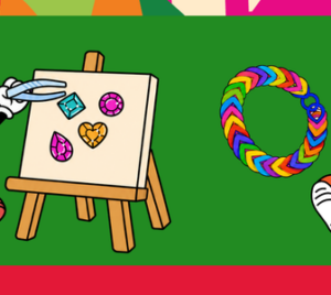 Cartoon sandwich and pizza characters participating in arts and crafts activities on a green background. The sandwich character stands beside an easel displaying colourful gem-shaped designs, while the pizza character sits next to a rainbow loom bracelet.