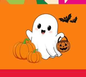 A wide orange banner featuring a cute cartoon white ghost, holding a pumpkin candy bucket alongside two small pumpkins and two flying bats.