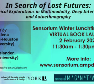 “In Search of Lost Futures” book launch on an abstract green and blue background with human figures. 2 Feb 2022 at 11:30am - event details in post.