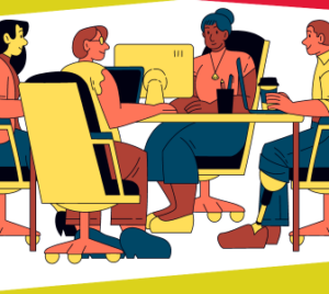 Animated picture of four people working at a shared desk